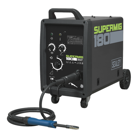 A black Sealey Professional MIG Welder 180A 230V with Binzel® Euro Torch - SUPERMIG180 on wheels, featuring a handle, controls, and a maximum performance of 180A.