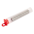 The Sealey Lead-Free Soldering Wire Dispenser Tube - SW20 features a transparent plastic tube with a red cap, housing a coiled metal spring inside, and is designed for general-purpose soldering applications.