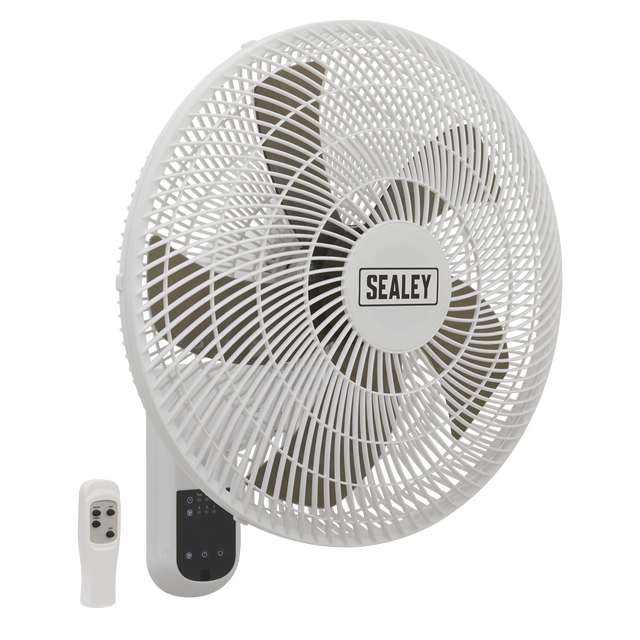 A white wall-mounted fan, branded "Sealey" on the front grille, featuring a remote control and a convenient timer function, identified as the Wall Fan 3-Speed 18" with Remote Control 230V - SWF18WR.