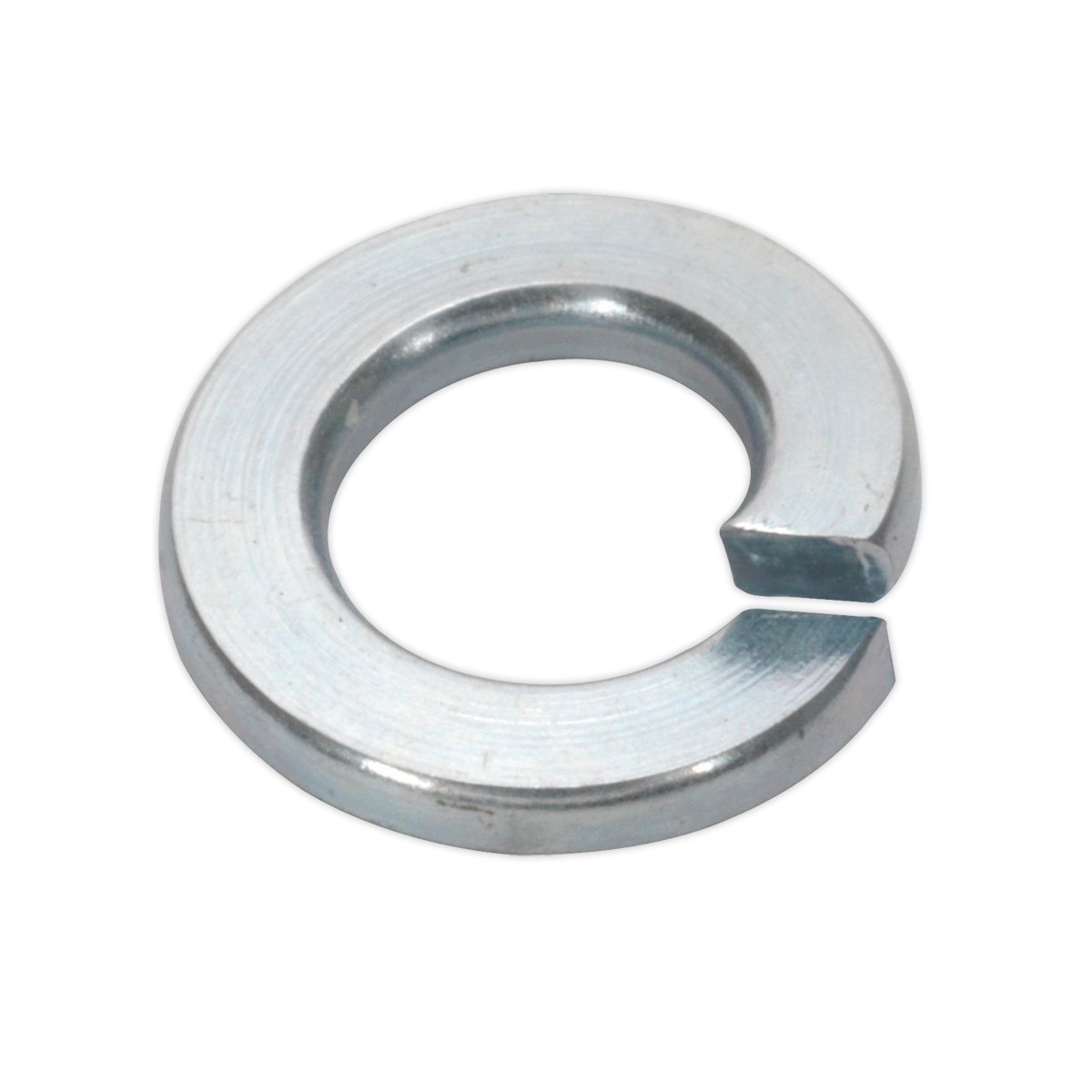Image of the Sealey Spring Washer DIN 127B M5 Zinc, a zinc-plated metal split lock washer with a helical design and a gap, typically used to prevent nuts and bolts from loosening under vibration. This Metric spring washer adheres to DIN 127B standards. Available in a pack of 100 (Product Code: SWM5).
