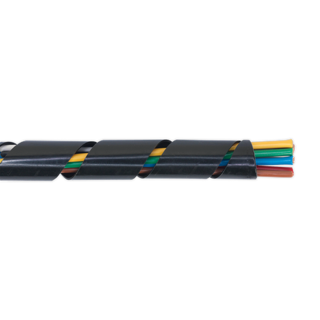 The Sealey Spiral Wrap Cable Sleeving Ø14-28mm 10m - SWS1428 is a black spiral cable wrap designed for bundling multicolored wires. It is crafted from abrasion-resistant Flexible Polyolefin sleeve, suitable for a temperature range of -30°C to +100°C.