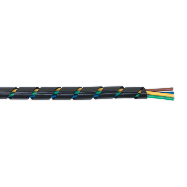 Close-up image of a Sealey Spiral Wrap Cable Sleeving Ø8-16mm 10m - SWS816, showcasing multiple colored wires wrapped in a black spiral casing, featuring an abrasion-resistant Flexible Polyolefin sleeve.