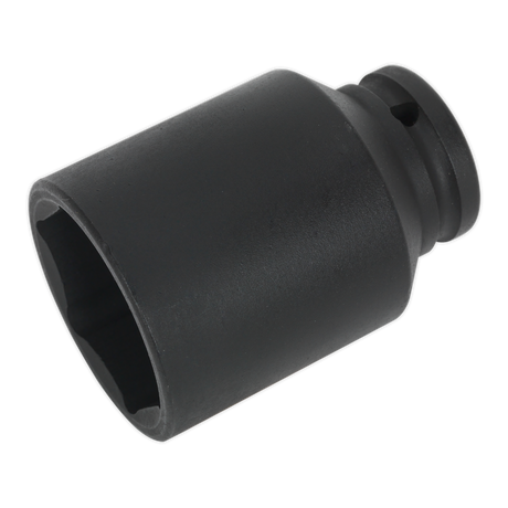 The Impact Socket 41mm Deep 1/2"Sq Drive - SX007 by Sealey is a black, cylindrical impact grade deep socket that features an internal hexagonal opening and offers enhanced corrosion resistance.