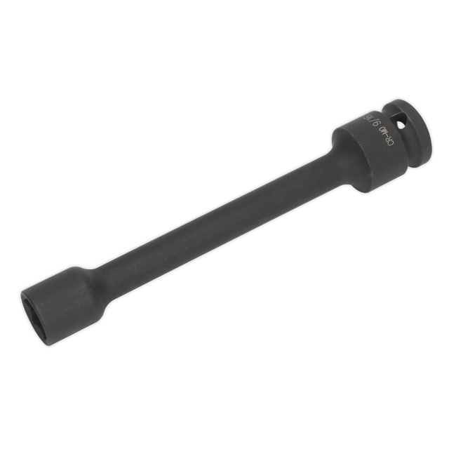 Introducing the Sealey Propshaft Impact Socket 9/16" 1/2"Sq Drive - SX0110, a sleek and long black cylindrical extension tool featuring a hexagonal opening with a hole at the other end, ideal for easily accessing those challenging Land Rover propshaft bolts.