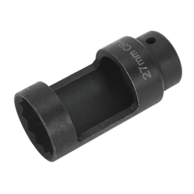 A black Diesel Injector Socket 27mm Thin Wall 1/2"Sq Drive - SX024 from Sealey, made from durable Chrome Vanadium steel, with an open interior designed for turning nuts and bolts.