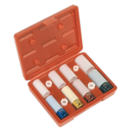 The Sealey Alloy Wheel Impact Socket Set 4pc 1/2"Sq Drive - SX030 is a red plastic case featuring six different colored impact sockets with plastic protective covers, perfect for alloy wheels.