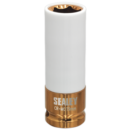 A Sealey Alloy Wheel Impact Socket 19mm 1/2"Sq Drive - SX03019, featuring a white protective finish and a gold-colored base, marked "CR-MO 19mm". This Chrome Molybdenum socket is designed for durability and precision, making it ideal for alloy wheel applications.