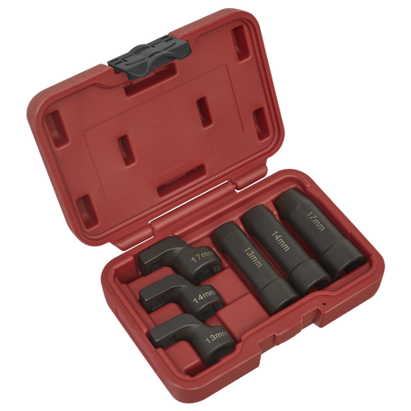 The Sealey EGT Sensor Socket Set 6pc - SX0321 comes in a red plastic case and includes a 6-point 3/8" square drive EGT sensor socket with five socket wrench adapters of various sizes, labeled in white text, including 14mm, 17mm, and 19mm.