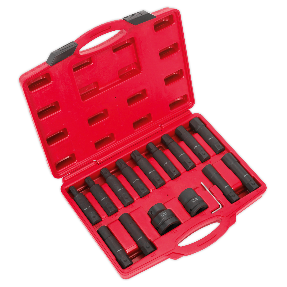 The Sealey Impact Hex, TRX-Star* & TRX-Star* Female Socket Bit Set 16pc 3/4" & 1"Sq Drive - SX098 comes in a red plastic case with black compartments, holding 16 cylindrical tools of various sizes. The set includes extensions and a socket wrench adapter, making it ideal for commercial vehicle applications. Crafted from heavy-duty Chrome Molybdenum, the tools feature high-quality TRX-Star socket bits.
