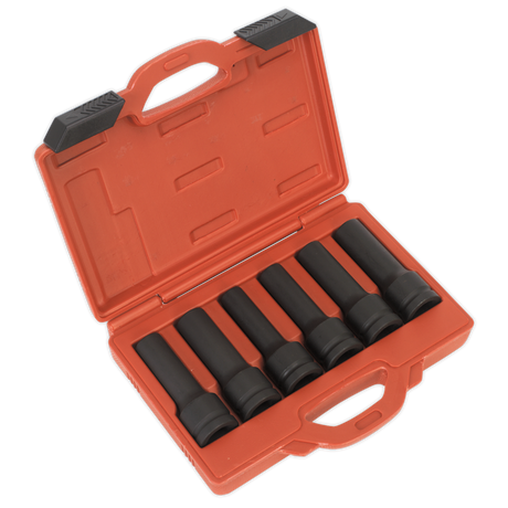 An open Sealey red plastic carrying case containing the SX099 Impact 12-Point & TRX-Star* Female Deep Socket Set with six black heavy-duty impact sockets neatly arranged inside.