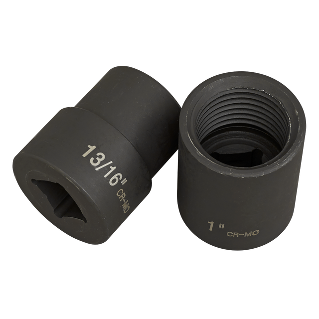 The Locking Wheel Nut Removal Set 2pc 1/2"Sq Drive - SX200 by Sealey includes two black impact socket bits, labeled "13/16"" and "1" CR-MO. The bit labeled "1" displays its internal threading. These Chrome Molybdenum steel sockets are specifically designed for use with an air impact wrench, making them ideal for tackling tough wheel nut jobs.