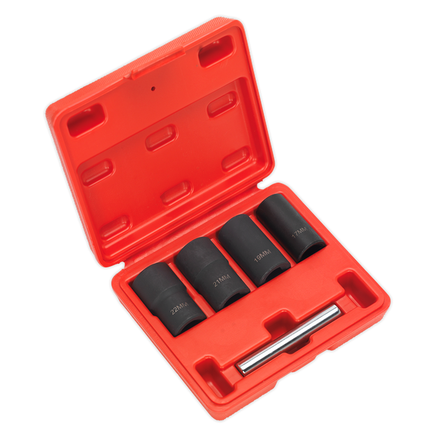 The Sealey Locking Wheel Nut Removal Set 5pc 1/2"Sq Drive - SX201 includes a red plastic case with four black cylindrical sockets specifically designed for wheel locking nuts, and a metallic rod.