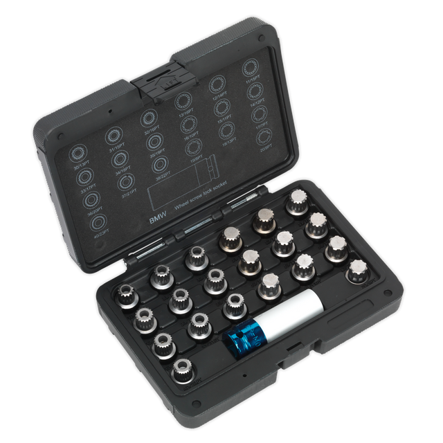 A black plastic case from Sealey containing the Locking Wheel Nut Key Set 21pc - BMW & Mini - SX209, securely arranged in foam.