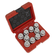 A Sealey Locking Wheel Nut Key Set 10pc - Land Rover - SX222, featuring a red case holding ten hexagonal metal keys labeled A to J, each securely fitted into individual slots designed for Land Rover security locking wheel nuts.
