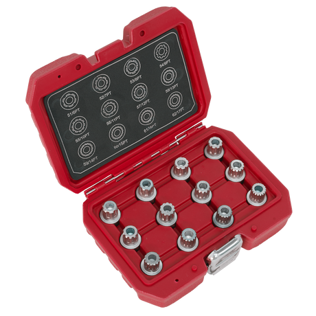 The Sealey Locking Wheel Nut Key Set 12pc - VW - SX224 is a red and black case with 12 metal hex keys neatly organized inside, ideal for working on VW wheel nuts. The lid includes size labels and corresponding diagrams for each hex key, ensuring you always have the right tool for your VW vehicle.