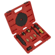 The Sealey Master Locking Wheel Nut Removal Set - SX299 is a red plastic workshop tool case equipped with various specialized tools and components, each neatly arranged in designated spots within the case. It features a black handle on one side, making it ideal for vehicle dealers requiring organized storage for locking wheel nuts.