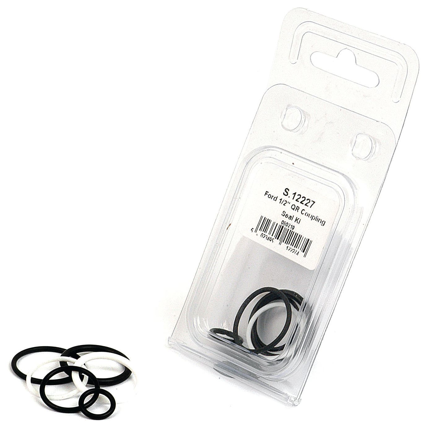 A transparent plastic package with a label reading "Sparex Seal Repair Kits for Quick Release Couplings 1/2'' (Fits: Ford 600/700 & TW Series) | Sparex Part No.S.12227" contains several black rubber O-rings scattered next to it.