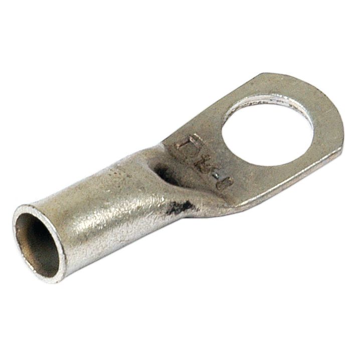 The Swage On Ring Terminal 16mm² x Ø5.5mm (Sparex Part No. S.51794) by Sparex is a metal terminal designed with a small tube on one end and a circular hole on the other, ideal for connecting electrical wires to terminal blocks or screws. Commonly used alongside cable ferrules, this component ensures secure and efficient connections.