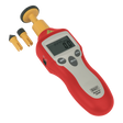 A Sealey Digital Tachometer Contact/Non-Contact - TA050, featuring a red handheld design and an LCD display reading "0.0," is designed for rotational speed measurement and includes two interchangeable probe tips placed beside it.