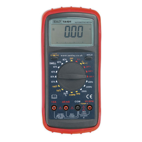 Introducing the Sealey Digital Automotive Analyser 12-Function - TA101, a reliable multimeter encased in durable red and black protective housing. It boasts an auto-ranging function and a large LCD display that currently reads 0.00, with the dial set for dwell angle measurement mode.
