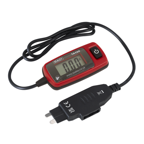 The Sealey Automotive Current Tester 20A - Standard Blade Fuse (TA120) features an LCD display, a black cable, and a red and black casing. This device is primarily used for current measurement or checking electrical circuits and displays a reading of 0.00 on the screen.