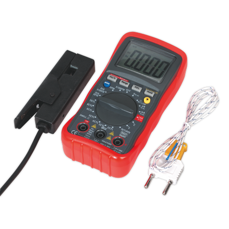 The compact Sealey Digital Automotive Analyser 13-Function with Inductive Coupler - TA201 comes in a striking red color and includes an attached set of probes, a black clamp accessory, and a white wired thermocouple. Its high-contrast LCD display and auto-ranging functions ensure accurate readings in various settings.