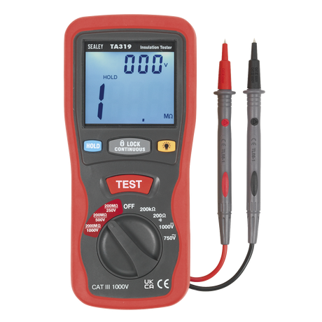 A digital insulation tester with red and black probes, displaying a reading of 1 megohm on its blue backlit screen. Ideal for high voltage cables, the Sealey Digital Insulation Tester - TA319 complies with EN61010 CAT III standards.
