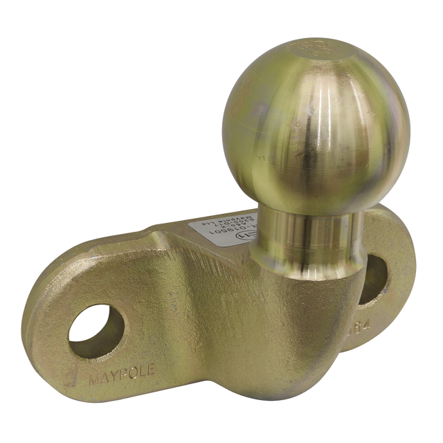 The Sealey Tow-Ball 50mm E-Approved - TB03E is a brass-colored forged tow-ball featuring two bolt holes for attachment. It tops a curved base and bears visible text and markings indicating its 3500kg load specifications, ensuring compliance with European legislation.
