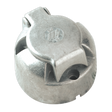 A Sealey Towing Socket N-Type Metal 12V - TB08, featuring a metallic circular design with a hinged top and engraved text on the aluminium surface.
