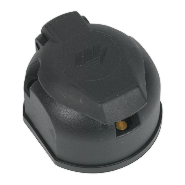 A Sealey Towing Socket 13-Pin Euro Plastic 12V (TB52), which is black, cylindrical, and has a notch with a yellow part visible inside.