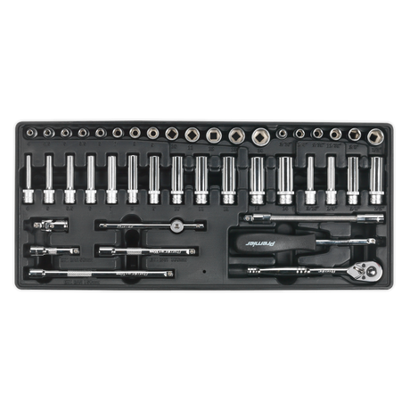 A Tool Tray with Socket Set 43pc 1/4"Sq Drive - TBT19 by Sealey, featuring various-sized socket wrenches and interchangeable tool heads, fits seamlessly into Superline PRO® tool chests.