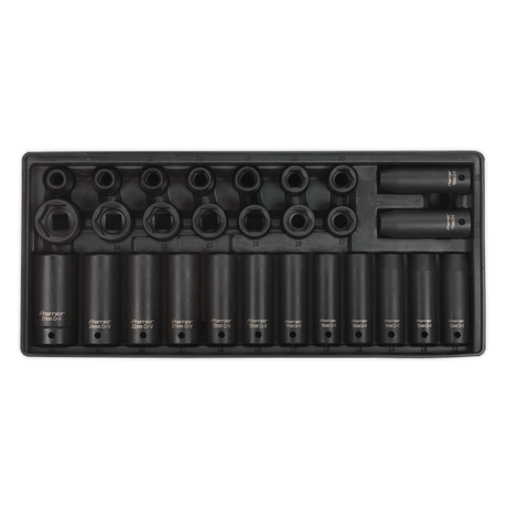 Sealey's Premier Line TBT24 Tool Tray includes a 28-piece set of metric impact sockets, compatible with the AP24 Topchest, showcasing multiple sizes and fittings for a 1/2" square drive.