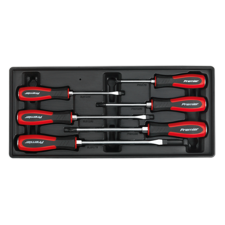 A set of six Sealey screwdrivers from the Tool Tray with Hammer-Thru Screwdriver Set 6pc - TBT29, featuring red and black handles, neatly arranged in a Premier Line tool tray, perfect for the professional technician.