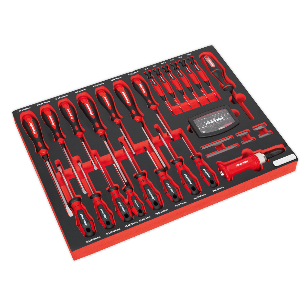 The Sealey Tool Tray with Screwdriver Set 72pc - TBTP04 features a set of red and black-handled screwdrivers neatly organized in a foam tray, along with bits and additional screwdriver heads, making it perfect for the professional technician. This Premier Platinum tool tray delivers exceptional quality for any workshop.