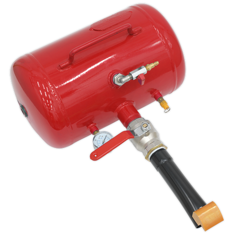 The Sealey Bead Seating Tool 19L - Lever Trigger - TC900 is a red portable air tank equipped with a pressure gauge, valve, and handle, perfect for inflating tubeless tyre beads with ease.