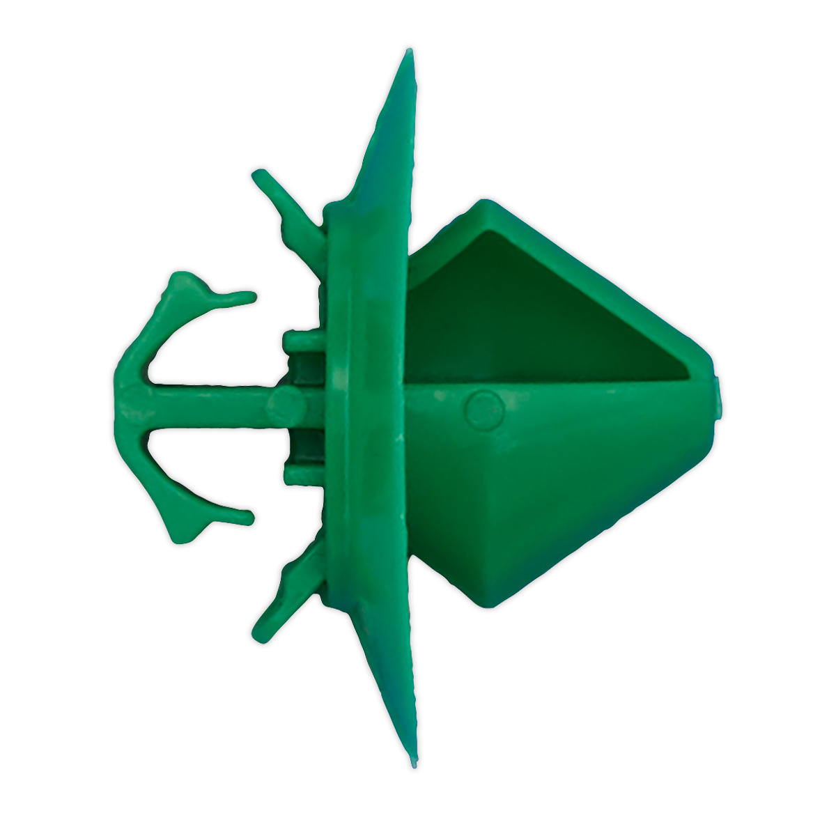 Here's the revised sentence incorporating the provided product data:
Close-up view of a green plastic anchor or wall plug with a pointed tip and flanged edges, similar to the Sealey Side Moulding Clip, Ø20mm x 18mm for Citroen C4 - Pack of 20 (Product Code: TCMC1413).