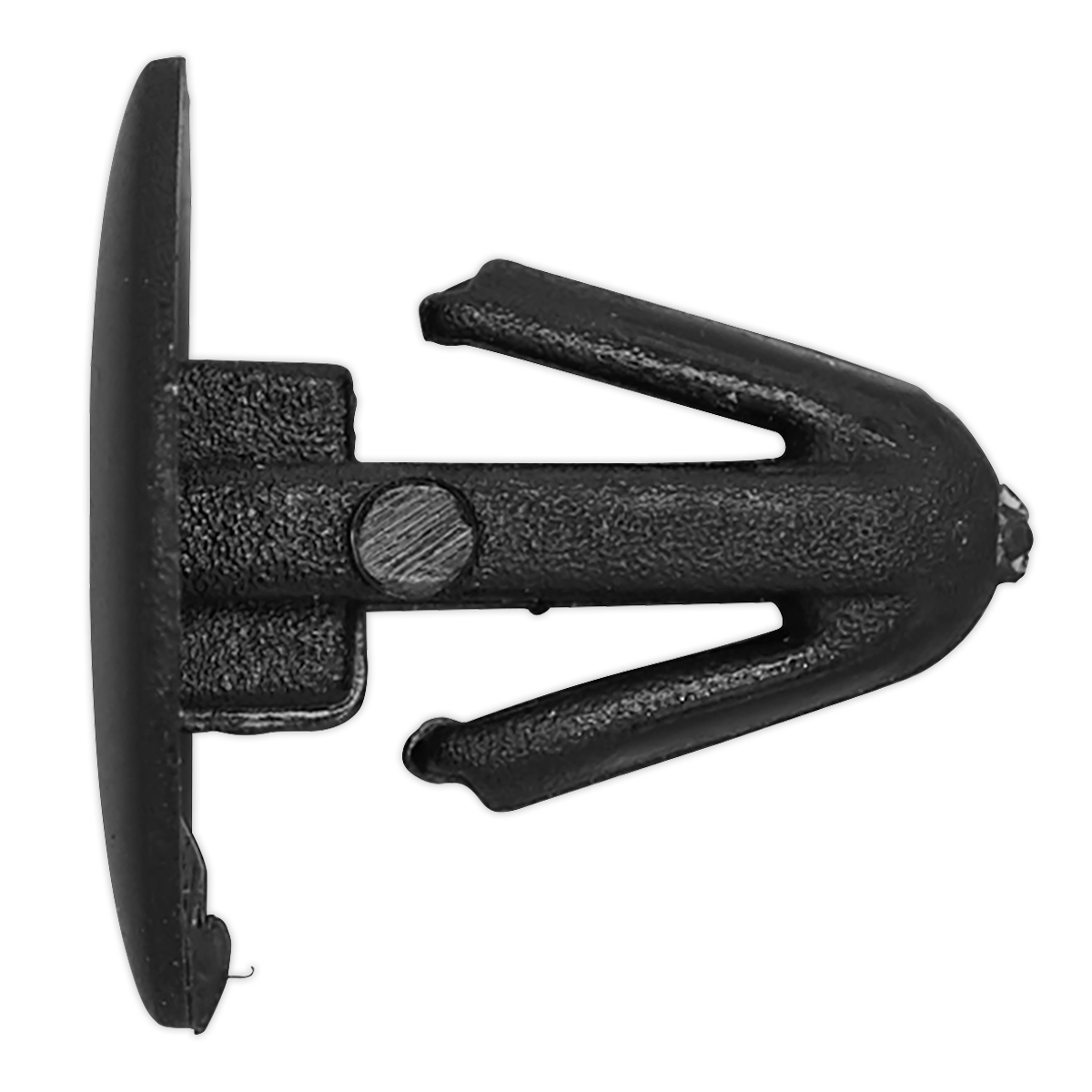 Close-up of the Sealey Retaining Clip, Ø12mm x 12mm, designed for Peugeot and Citroen vehicles, featuring a black plastic construction with a flat head and prongs that expand when inserted into a hole. Pack of 20 is available under product code TCRC1210.