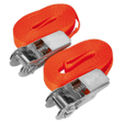 Two Sealey Self-Securing Ratchet Straps, 25mm x 4.5m with an 800kg breaking strength, featuring metal mechanisms and made from durable polyester webbing, coiled neatly for securing cargo.