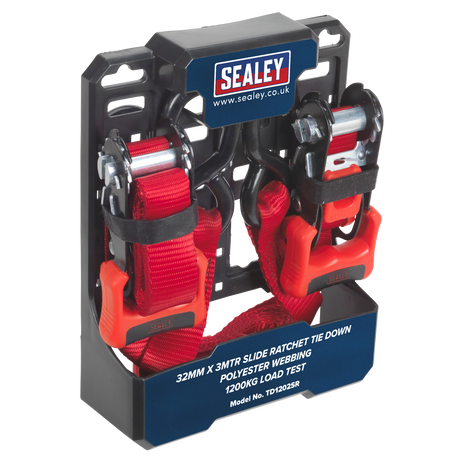 Packaging of Sealey Slide Ratchet Strap 32mm x 3m Polyester Webbing with S-Hooks, featuring a 1200kg breaking strength. Perfect for any load restraint needs. Model No: TD1202SR.