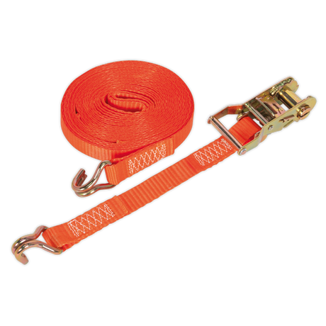 The Sealey Ratchet Strap TD1508J features durable 25mm x 8m polyester webbing with metal hooks at both ends and a dependable ratchet mechanism for tightening, making it perfect for secure load restraint.