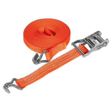 The Sealey Ratchet Strap 35mm x 8m, model TD2008J, features metal hooks and a reliable ratchet mechanism. Made from durable polyester webbing and boasting a breaking strength of 2000kg, it is coiled and partially extended for use in securing cargo.