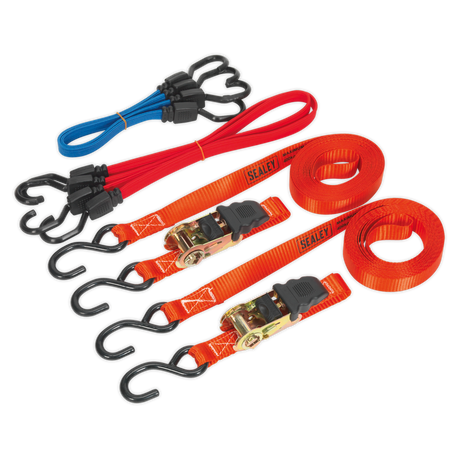 The Sealey Ratchet Strap & Bungee Cord Set 6pc - TD285SBD is a collection of multicolored tie-down straps made from durable polyester webbing, featuring red ratchet straps and blue and red bungee cords, equipped with black hooks and metal ratchet mechanisms.
