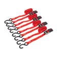 Four Ratchet Straps, Sealey TD484SD model, with 25mm x 4m polyester webbing and black S-hooks, each boasting an 800kg breaking strength, are arranged in a row on a white background.