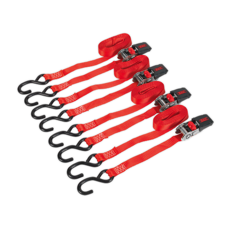 Four Ratchet Straps, Sealey TD484SD model, with 25mm x 4m polyester webbing and black S-hooks, each boasting an 800kg breaking strength, are arranged in a row on a white background.