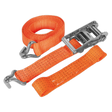 The Sealey Car Transporter Ratchet Strap 50mm x 3m Alloy Wheel with a single 5000kg breaking strength, laid out with the buckle mechanism and the orange polyester webbing strap coiled next to it.