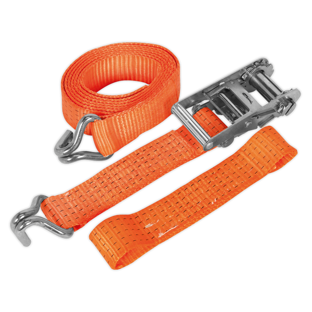 The Sealey Car Transporter Ratchet Strap 50mm x 3m Alloy Wheel with a single 5000kg breaking strength, laid out with the buckle mechanism and the orange polyester webbing strap coiled next to it.