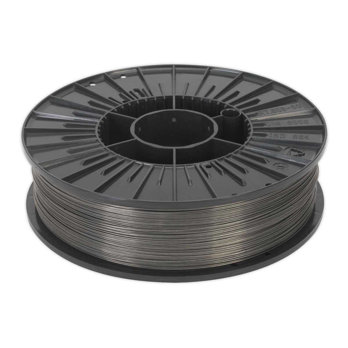 A spool of Sealey Flux Cored MIG Wire 4.5kg, 0.9mm A5.20 Class E71T-GS - TG100/4, neatly wound around a reel, much like how gray filament is prepared for 3D printing.