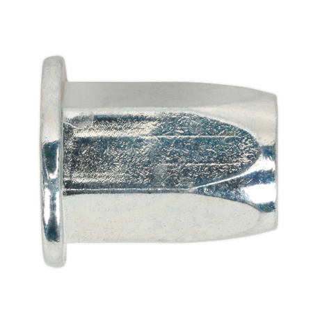A close-up of a shiny, zinc-plated threaded insert, known as the Sealey Threaded Insert (Rivet Nut) M8 Full Hex Standard Flange Pack of 50 - TIFHM8, featuring a hexagonal base and a smooth, domed top.