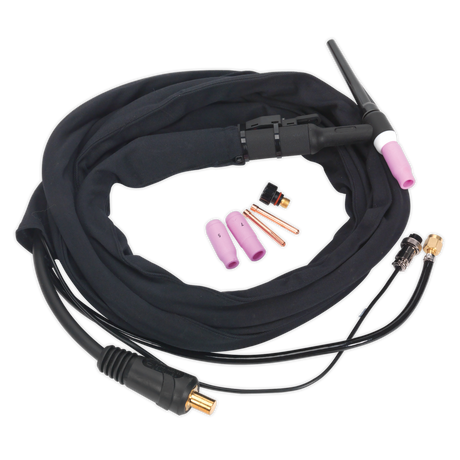 A Sealey Inverter TIG Welding Torch 25mm² with Push-Button (TIG12S) in black, complete with a hose, consumable tungsten welding electrodes, a gas nozzle, and connector components arranged in an orderly manner.