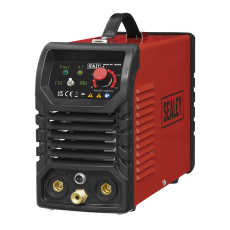 The Sealey TIG160 MMA Inverter Welder 160A 230V is a red and black welding machine featuring various buttons and connectors on the front panel, a convenient handle on top, and the brand name prominently displayed. Designed for TIG welding, it offers a reliable DC power supply for precise performance.